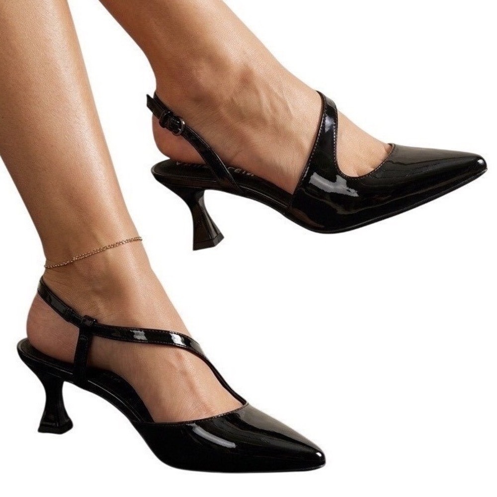 Anne Klein iFlex Black Patent Pointed Toe Slingback Kitten Heels Pumps NWOT 7.5